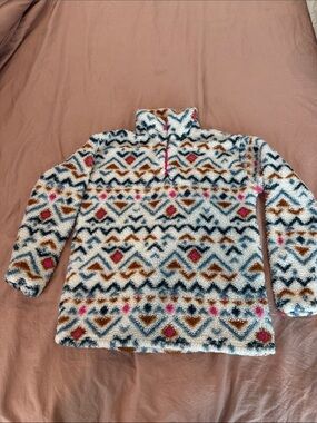 Eddie Bauer White Sherpa Pullover with Pink, Navy & Brown Geometric Pattern